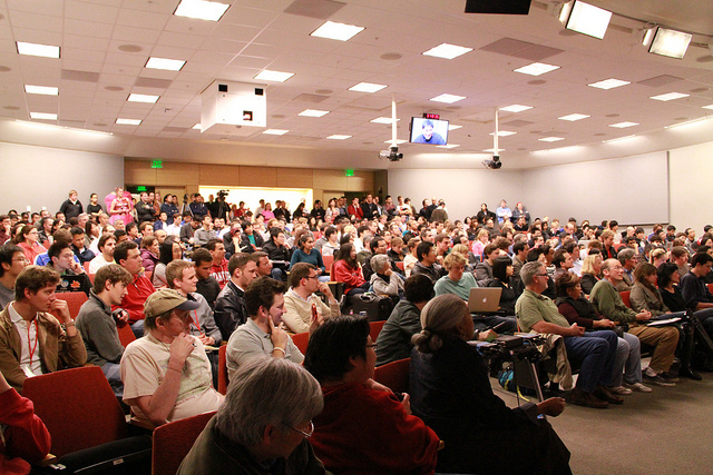 Crowd in attendance at Guy Kawasaki's lecture in NVIDIA Auditorium at Stanford