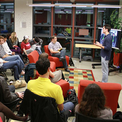 Stanford student stands up in front of an entrepreneurship class at STVP