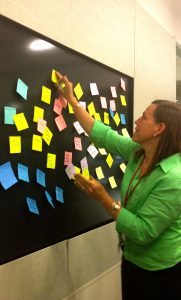 Citi Venture's Busy Burr posting post-it notes