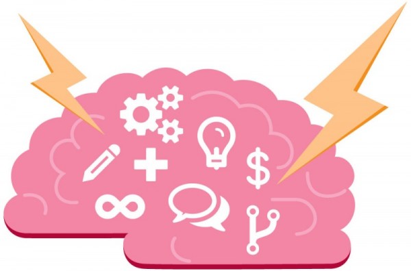 Graphic of pink brain with lightbulb and other creative icons.