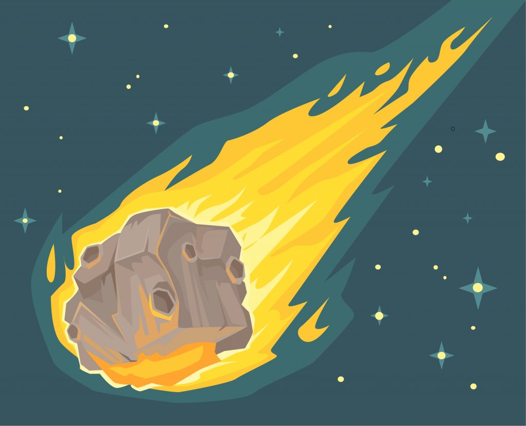 Illustration of meteorite in sky.