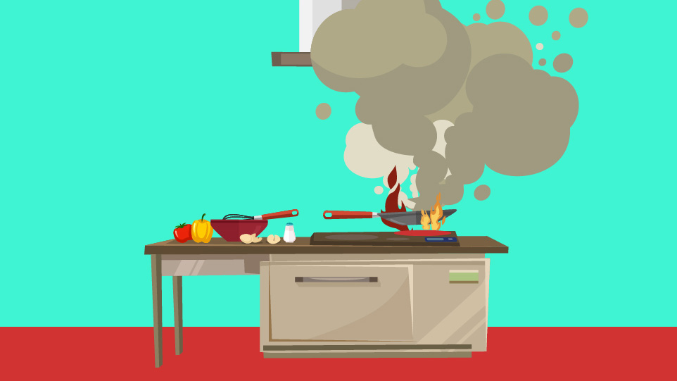 An illustration of a kitchen with the pan on fire.