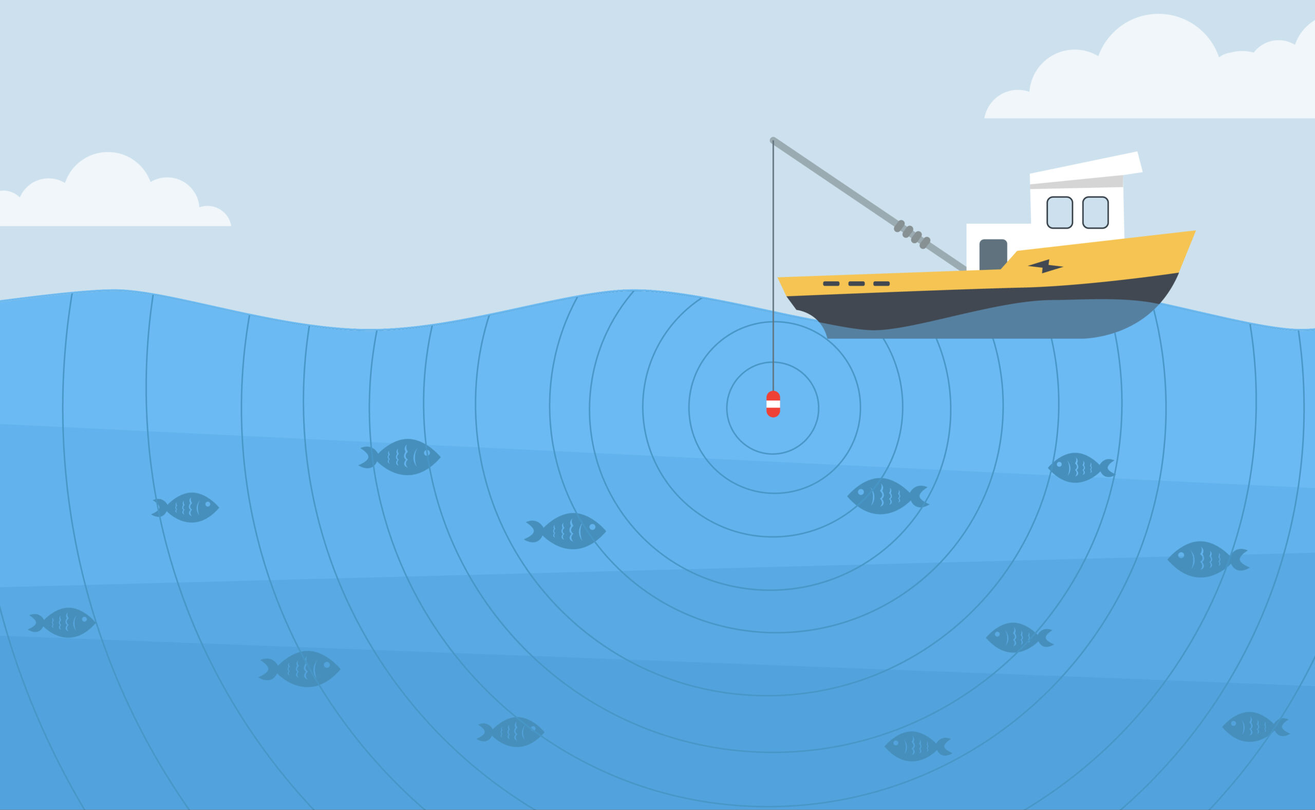 An illustration of a fishing boat attracting fish beneath the waves.