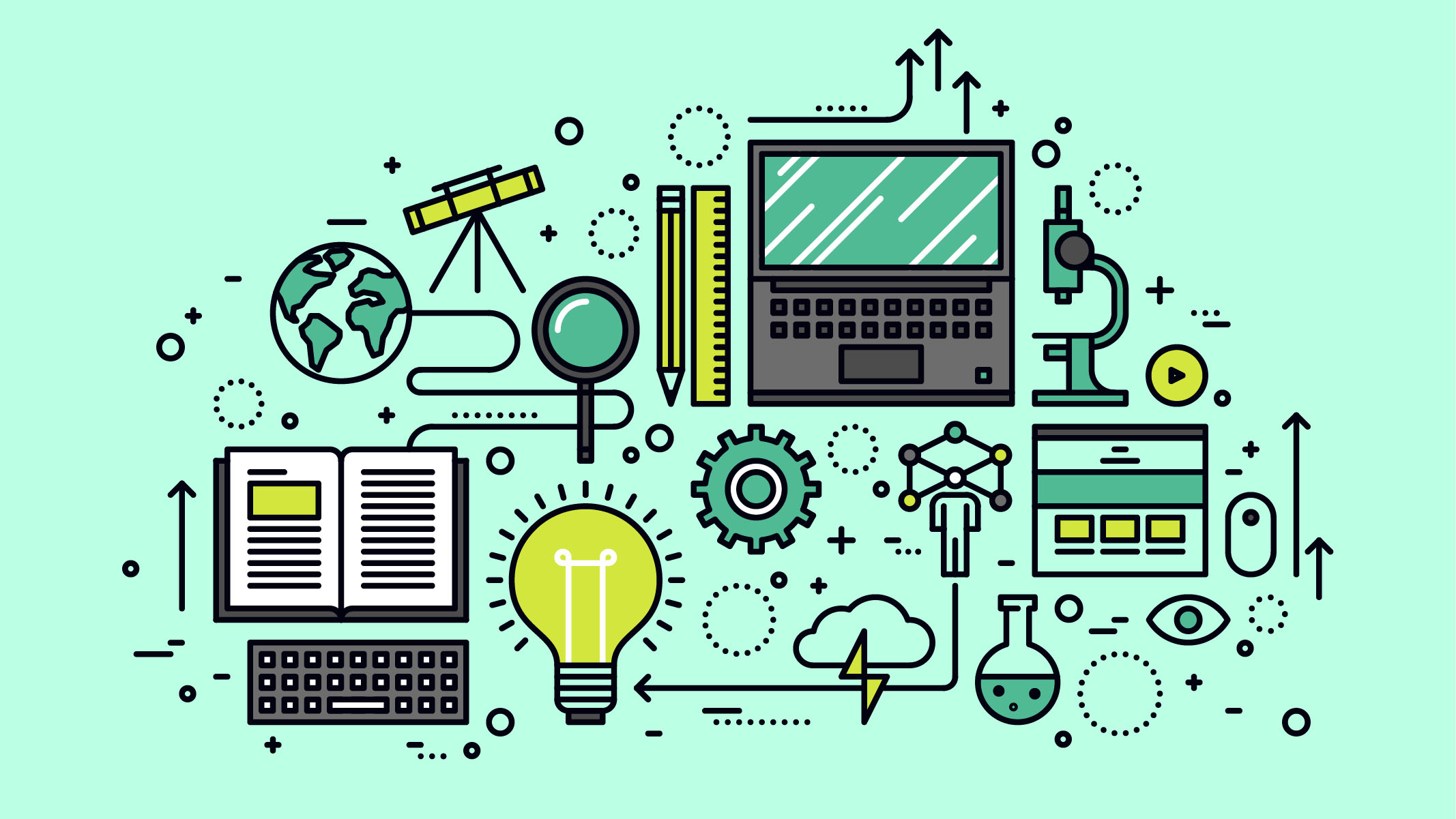 An illustration of various tools used in science experiments laid out on a green background.